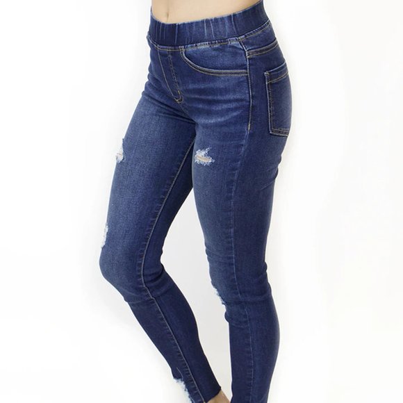 Distressed Mid-Rise Pull-On Denim (Washed Indigo) - Picture 4 of 12